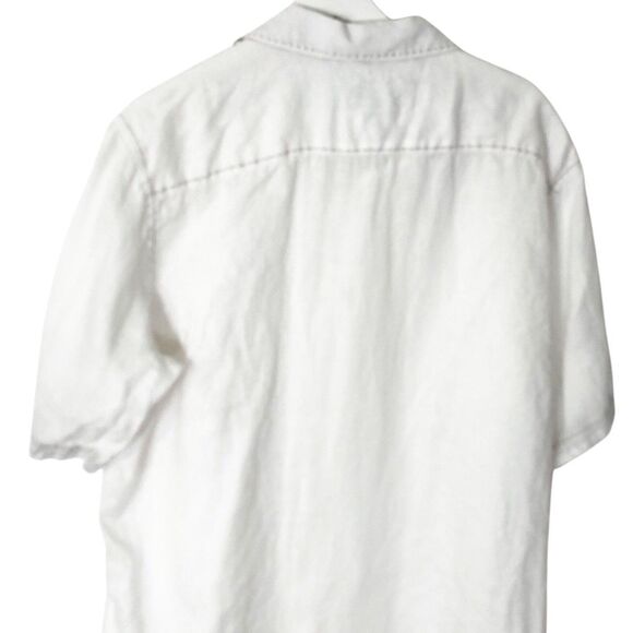 Bugatchi Uomo Shirt Men Large Button Up Linen Short Sleeve White Stitched Detail - Picture 10 of 12